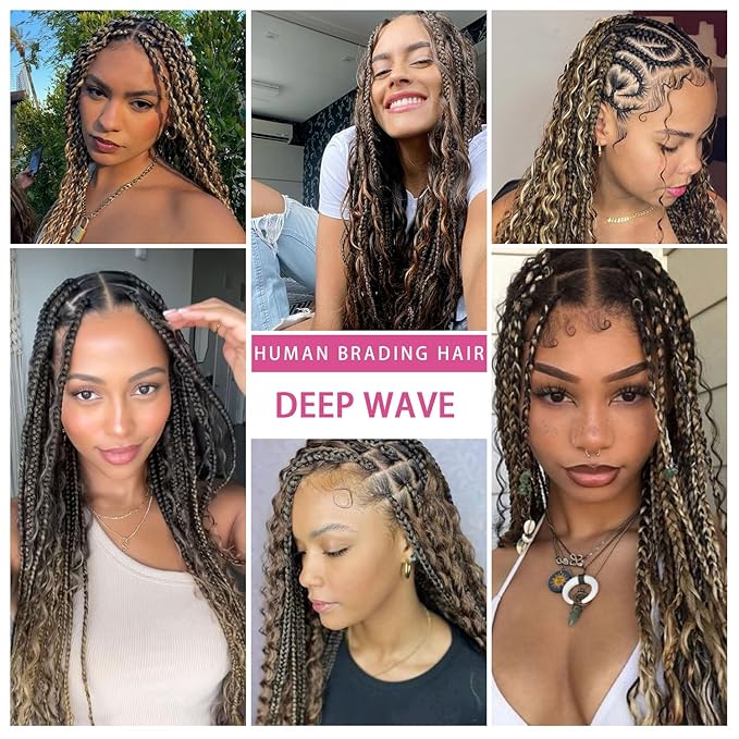 16 Inch Human Braiding Hair 100g Deep Wave Bulk Human Hair for Braiding Brazilian Virgin Human Hair Bundles Wet and Wavy Bundles No Weft Curly Human Hair Extensions for Boho Braids P4/27