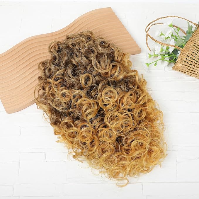 FLUFYMOOZ 100% Pure Protein Ponytail Extension, 18 Inch Curly Claw Clip Ponytail Hair Extensions Natural Soft pony tail hairpiece for women-Medium Brown with Golden Blonde