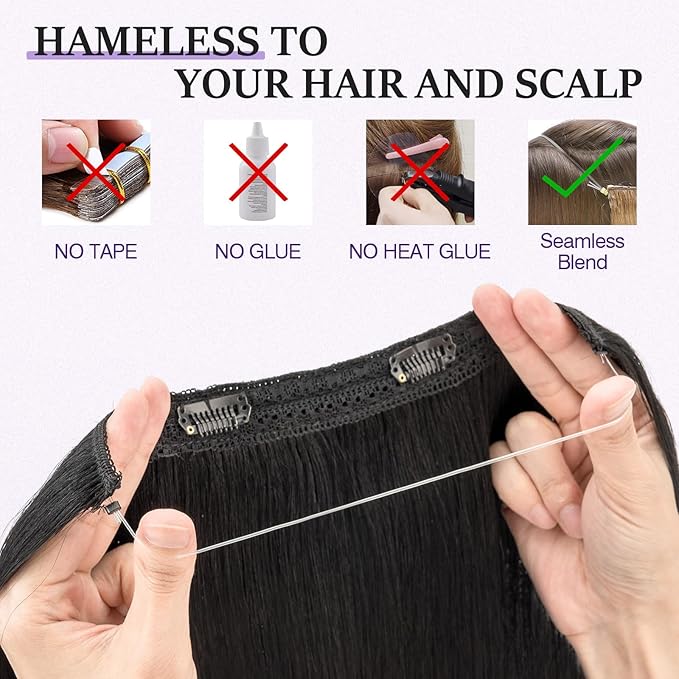 Halo Hair Extensions Real Human Hair,Halo Hair Extension 100% Human Hair, Wire Hair Extensions,Straight 01 Jet Black 14inch/60g