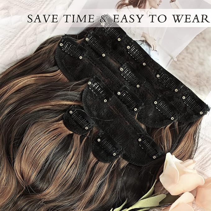 NAYOO Clip in Hair Extensions for Women 20 Inch Long Wavy Curly Dark Brown Mix Chestnut Hairpieces Full Head Synthetic Hair Hairpieces (6PCS, Dark Brown Mix Chestnut)