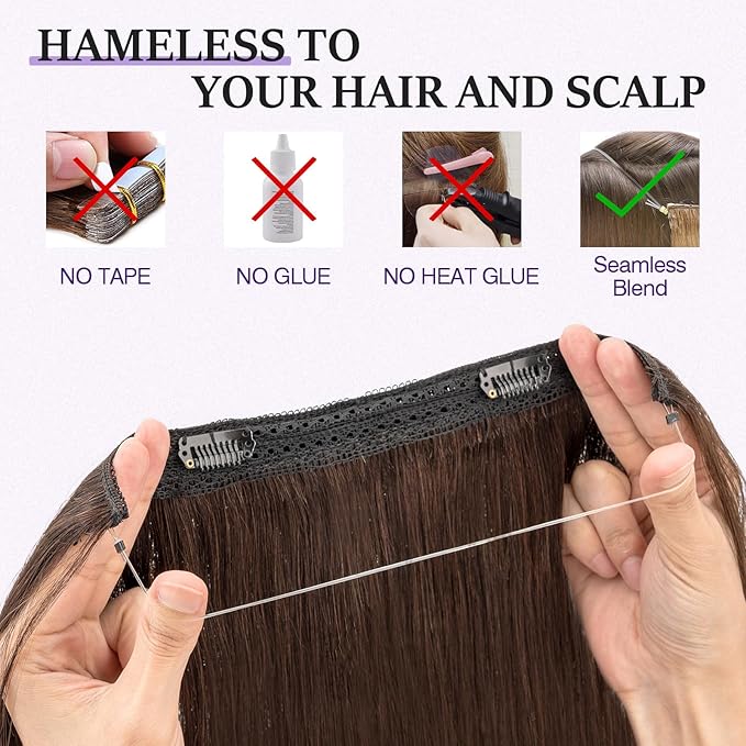 Halo Hair Extensions Real Human Hair,Halo Hair Extension 100% Human Hair, Wire Hair Extensions,Straight 02 Dark Brown 12inch/55g