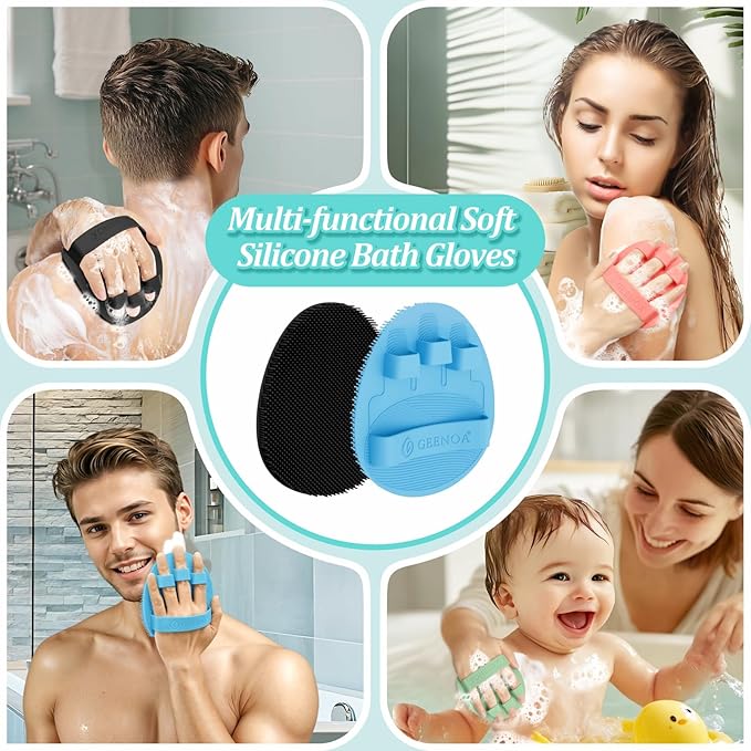 Soft Silicone Bath Gloves 2PCS, 360° Anti-slip & Enlarged Silicone Body Scrubber for Rich Foaming Deep Cleaning, Revolutionary No-grip & Hand-fit Shower Scrubber for All Skin Types.(Black+Blue)