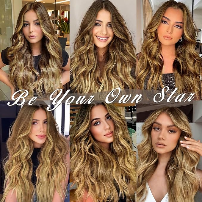 BARSDAR Highlight Clip in Hair Extensions - 20 Inch Wavy Clip in Hair Extensions for Women - 5PCs Thick Soft Synthetic Balayage Hairpieces Daily Party Halloween - Golden Brown with Highlights