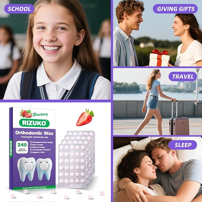 Orthodontic Wax for Braces - 240 Dental Wax Dots | Hygienic Individual Wraps, Strawberry