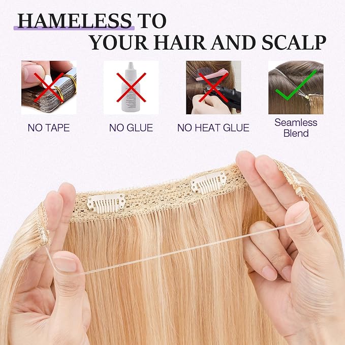 Halo Hair Extensions Real Human Hair,Halo Hair Extension 100% Human Hair,Wire Hair Extensions,Thicker 18P613 Gold Blonde Mixed Bleach Blonde 12inch/65g