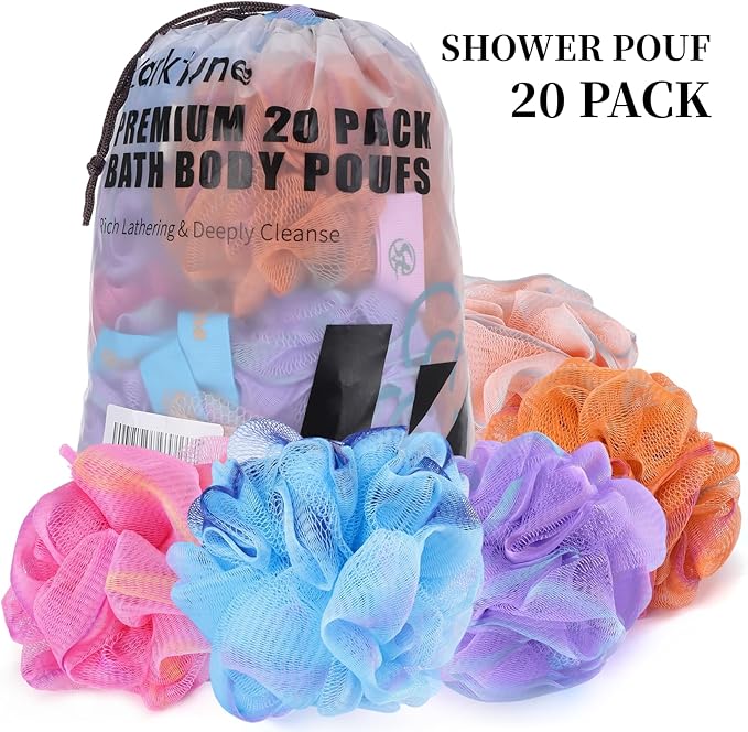 Mini Shower Loofah 20 Pack for Travel Portable Bath Sponge Puff Quick Lather Durable Mesh Gentle Exfoliation for All Ages Small Size Ideal for Home, Gym, or on The Go