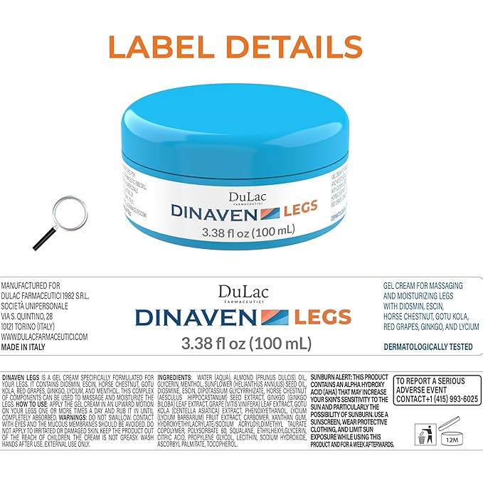 DULÀC FARMACEUTICI 1982 Dulac Dinaven Legs Cooling Cosmetic Gel With Natural Botanical Elements Lightweight Daily Leg Care Fast Absorbing Body Formula 3.38 Fl Oz