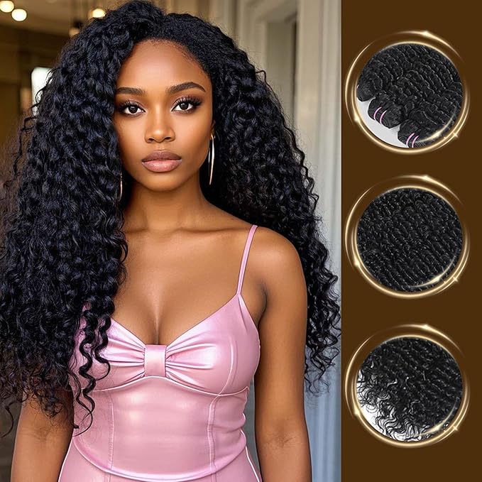 15A Deep Wave Human Hair Bundles 24 26 28 Inch 100% Unprocessed Brazilian Virgin Human Hair Bundles Sew In Human Hair Extensions Deep Wave Bundles 3 Pcs 1B Color for Women