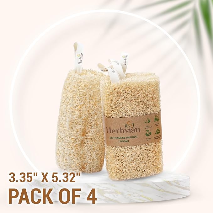 Natural Vietnamese Loofah Sponge, 100% Plant-Based Luffa Exfoliating Body Scrubber for Shower, Multi-Functional for Kitchen, Ideal for Men & Women, Spa & for Pet (Pack 4)