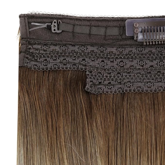 RUNATURE Brown Balayage Wire Hair Extensions Real Human Hair, Invisible Wire Hair Extensions Short, Remy Straight Soft Hair,Natural Blending, 12 Inch 70g #3/8/22 Walnut Brown Ombre Light Blonde