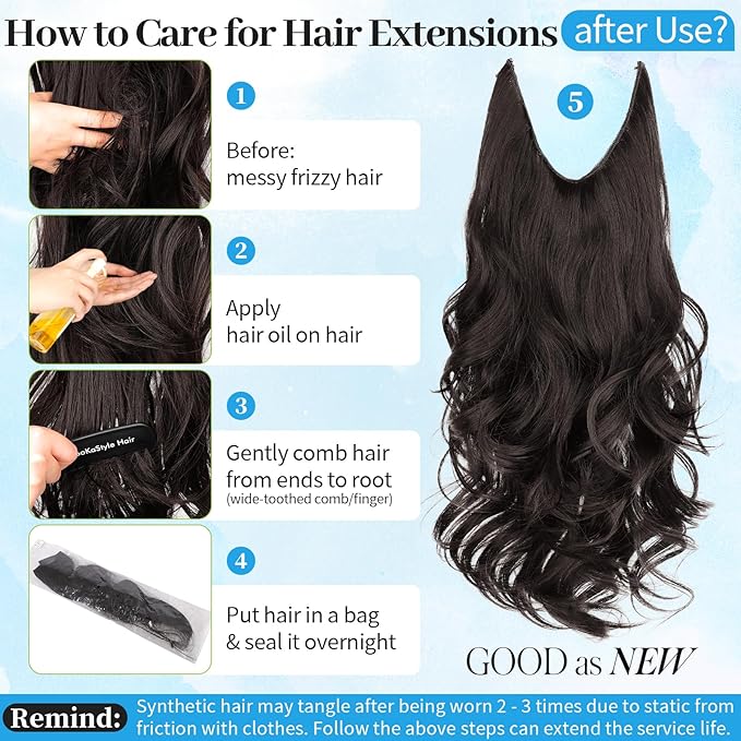 KooKaStyle Invisible Wire Hair Extensions 20"Long Wavy Layered Synthetic Clip in with Adjustable Size 6 Secure Clips Ombre Black to Ash Blonde Natural Soft Thick Hairpieces for Women 20 Inch