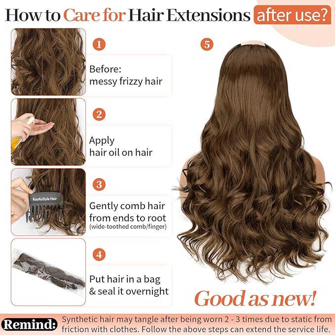 Kookastyle clip in hair extensions 4 pcs natural long Synthetic wavy curly hairpieces Layered soft invisible for women Chestnut Brown 20 inch