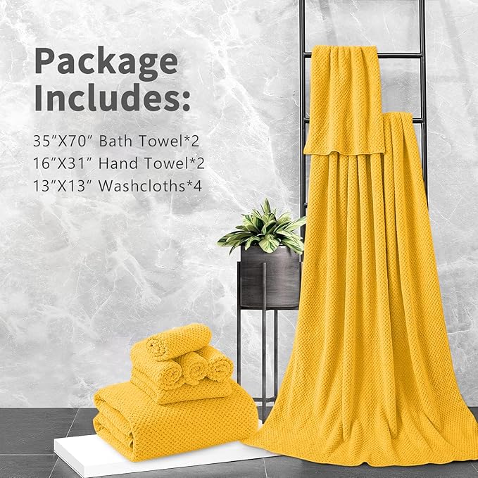 8 Piece Bathroom Towel Set |2 Oversized Bath Towels,2 Hand Towels,4 Washcloths| 600GSM Soft Large Bath Sheet Luxury Premium Microfibers Towel Highly Absorbent Quick Dry Hotel Towel Collection,Yellow