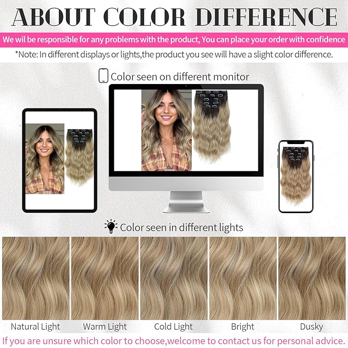 KooKaStyle Short Hair Extensions 6PCS 14 Inch Wavy Curly Hairpieces Synthetic Soft Lace Weft Clip in Hair Extensions-Ombre Brown to Mixed Blonde for Women