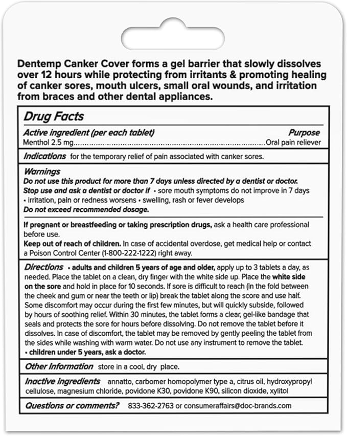 Dentemp Canker Cover - Canker Sore Medicine Pain Reliever (8 Count) - Canker Sore Treatment to Relieve Canker Pain, Mouth Sores & Mouth Irritation - Fast Acting Canker Sore Relief Tablets for Adults