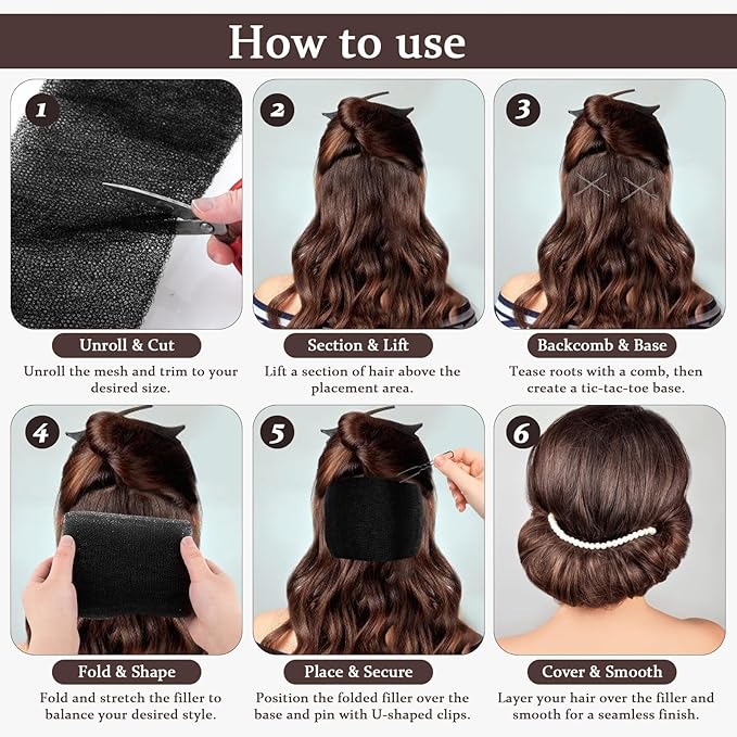 Hair Bumps for Volume Insert, Hair Sponge for Updo - Hair Mesh Filling Padding for Women - Bobby Pins - U Shape Hair Pin, Comb and Plastic Clips, Black
