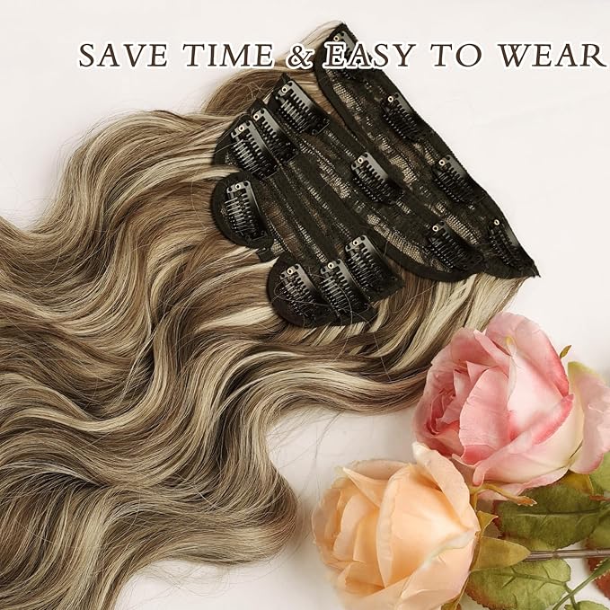NAYOO Clip in Hair Extensions for Women 20 Inch Long Wavy Curly Medium Brown Ash Blonde Hairpieces Full Head Synthetic Hair Hairpieces (6PCS, Medium Brown Ash Blonde)
