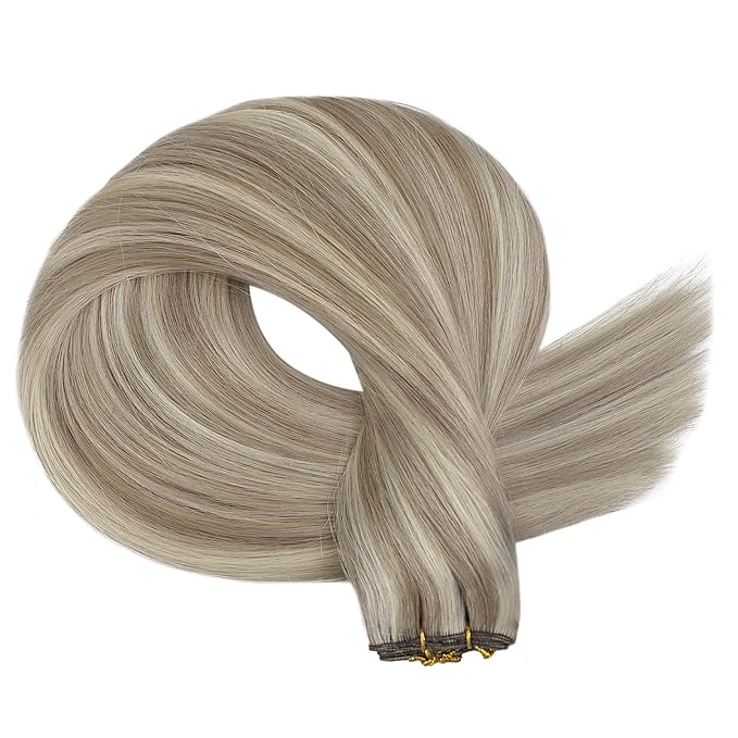 Fshine Sew in Genius Weft Real Human Hair Extensions for Women Highlight Genius Weft Hair Extensions Ash Blonde Highlight with Platinum Blonde Human Hair 18Inch 50g