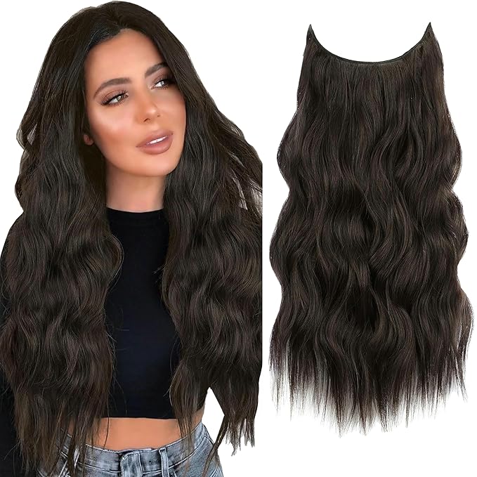 Invisible Wire Hair Extensions Transparent Wire Adjustable Size 4 Secure Clips Long Wavy Curly Secret Hairpiece 24 Inch for Women