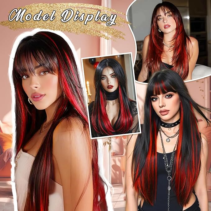 Vigorous Clip in Hair Extensions Straight 4Pcs Black Mix Red Highlights Hair Extension 22 Inch Soft Full Head Weddings Party Daily Use for Women
