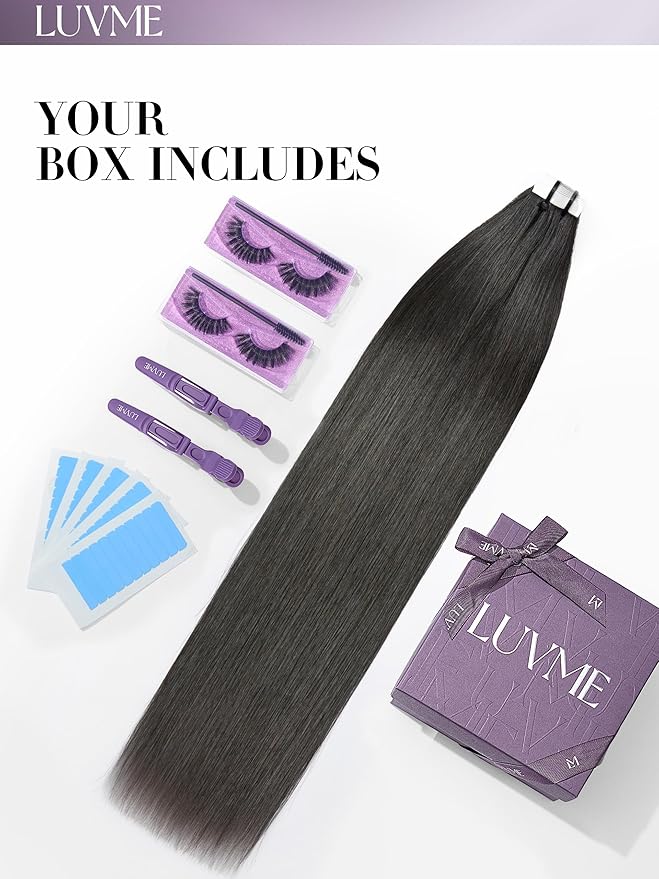 LUVME Tape in Extensions Human Hair 14 Inch 50g 25pcs Silky Straight Natural Black Double Sided Invisible Tape Extensions
