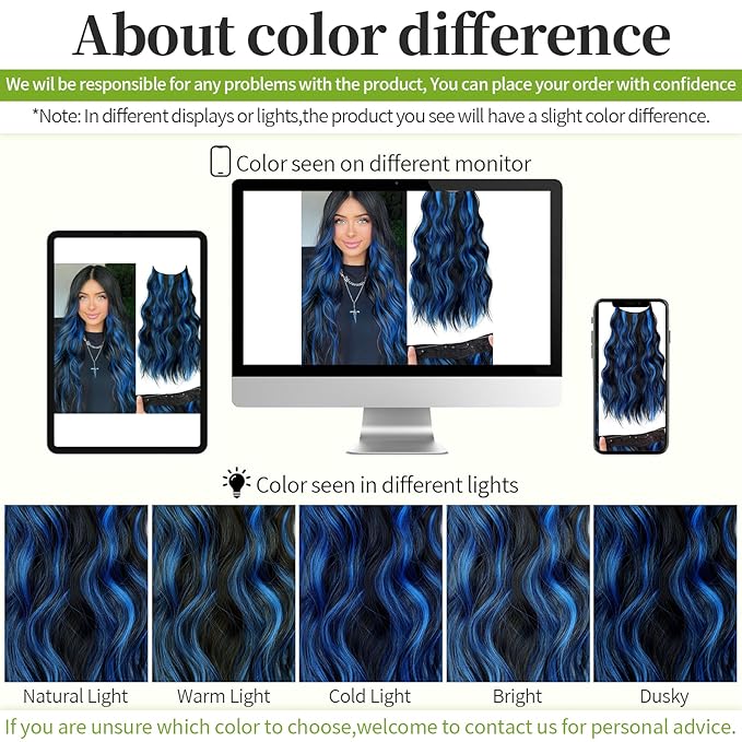 KooKaStyle Invisible Wire Hair Extensions with Transparent Headband Adjustable Size 4 Secure Clips Long Wavy Highlight Synthetic Hairpiece 20 Inch Black with Blue for Women