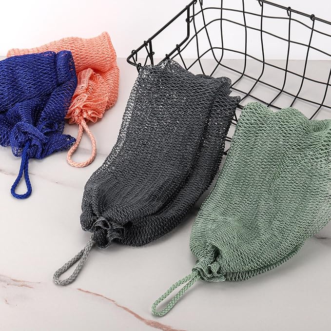 Authentic African Exfoliating Net, 4 Pcs Knotted Bath Net Sponge Loofah Exfoliating Washcloth Back Scrubber for Shower