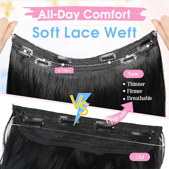Invisible Wire Hair Extensions with Transparent Wire Adjustable Size 4 Secure Clips Long Wavy Secret Hairpiece 20 Inch for Women(Black)
