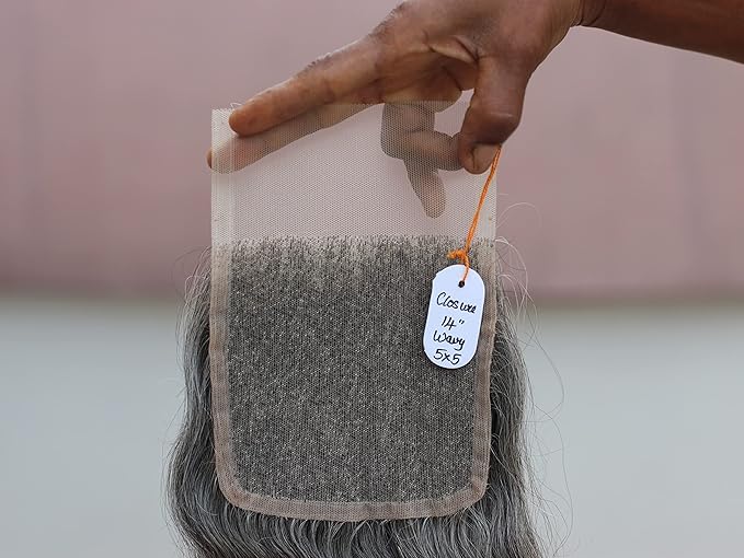5x5 Closure 14" Salt & Pepper/Natural Gray Transparent Lace Hand Made with 100% Natural Indian Virgin Temple Raw Hair