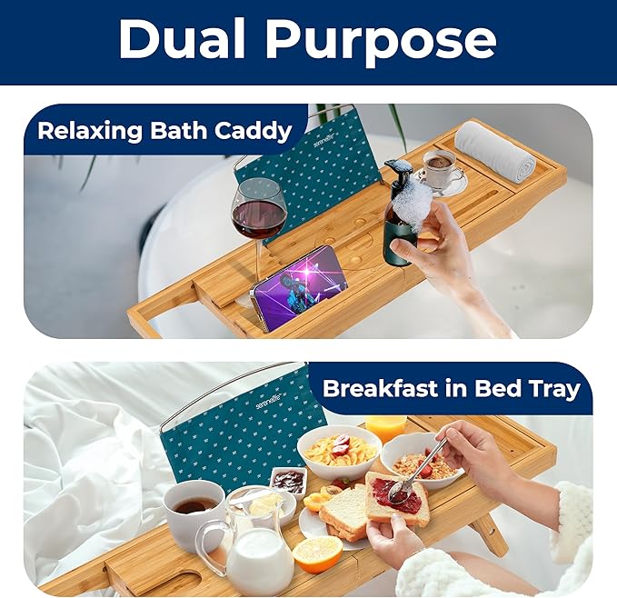 SereneLife 2 in 1 Bed and Bath Tray - Foldable Bamboo Bathtub Caddy with Adjustable Length, Non-Slip, Device Holder, Wine Glass Slot, Expandable for Comfortable Bathing (Folding, Soft Back, Gift Set)