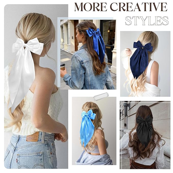 Blue Big Hair Bow for Women - 5Pcs Large Hair Clips for Girls Silky Satin Bows Set, Oversized Long Tail Cute Hair Ribbons Barrettes Aesthetic Hair Accessories Hairbows Gifts