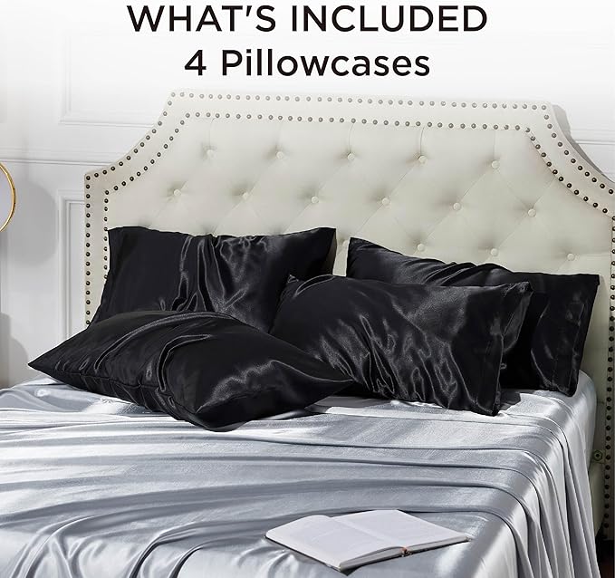 Bedsure Satin Pillowcases Standard Set of 4 - Black Silk Pillow Cases for Hair and Skin 20x26 inches, Satin Pillow Covers 4 Pack with Envelope Closure, Gifts for Women Men