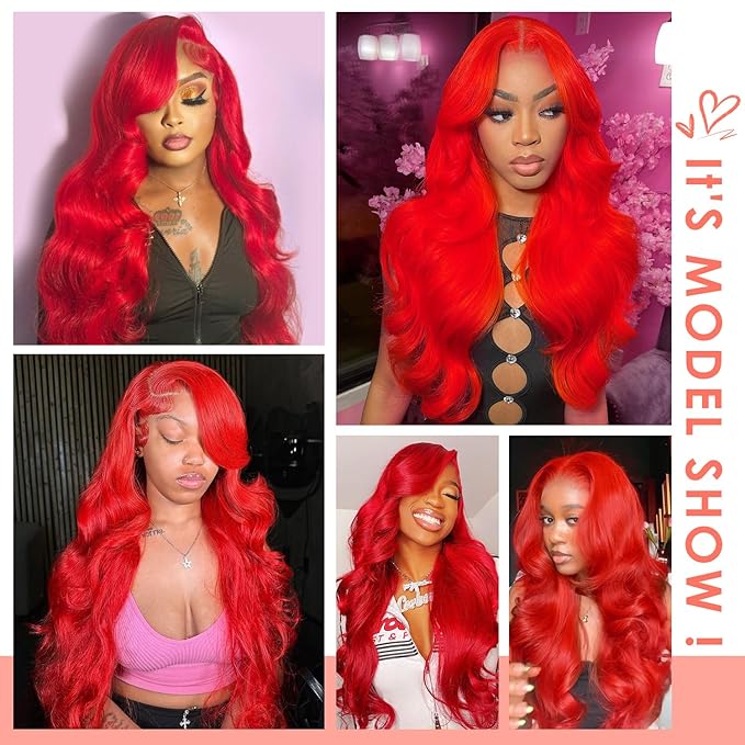 Red 13X6 Lace Front Wigs Human Hair 200 Density HD Transparent Body Wave Lace Front Wigs Human Hair Body Wave Wig Red HD Lace Frontal Colored Wig 13x6 for Black Women 32 Inch