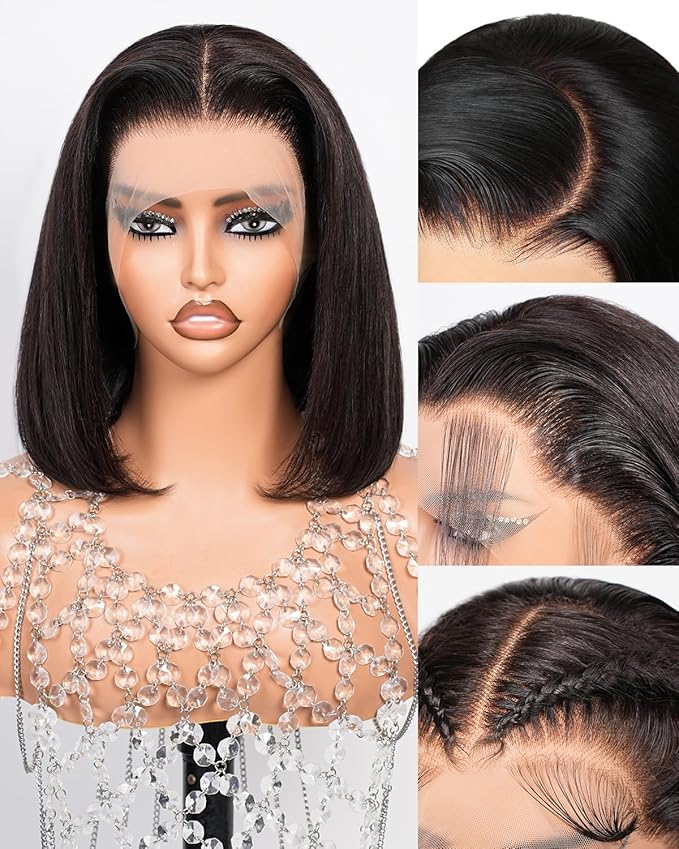 Bob Wig Human Hair 13x4 HD Lace Front Wigs Human Hair 200% Density 15A Straight Bob Wigs For Black Women Glueless Wig Pre Bleached Pre Plucked With Baby Hair (10inch)