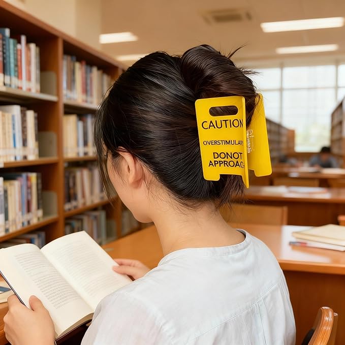 Caution Overstimulated Hair Clip for Women, Funny Yellow Sign Claw Clip for Thick Hair, Strong Large Hair Claws, Novelty Holiday Gift for Coworkers, Friends (3PCS)
