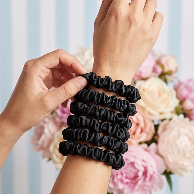 Satin Scrunchies, 6 Pack, Reduces Hair Breakage, Prevents Frizz, Smooth Texture (Black)