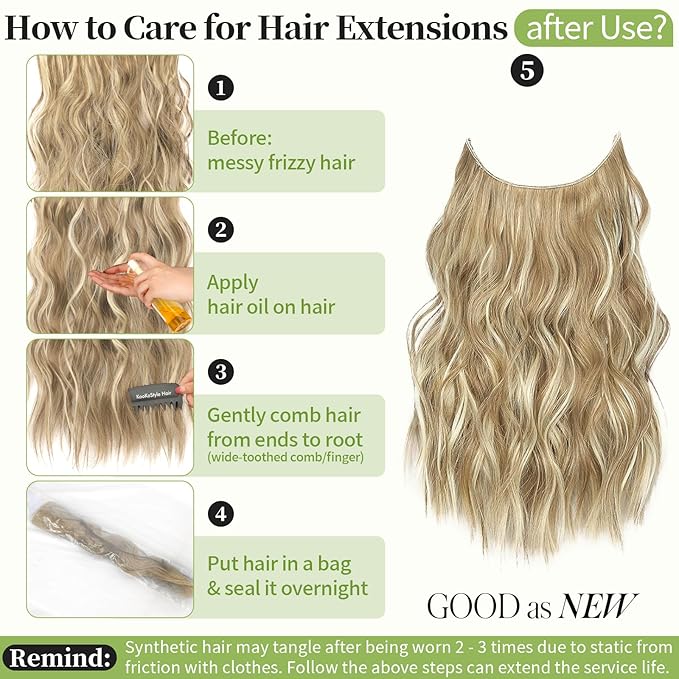 KooKaStyle Invisible Wire Hair Extensions with Transparent Wire Adjustable Size 4 Secure Clips 16 Inch Long Wavy Secret Hairpiece(Dark Ash Blonde mix Light Blonde Highlights)