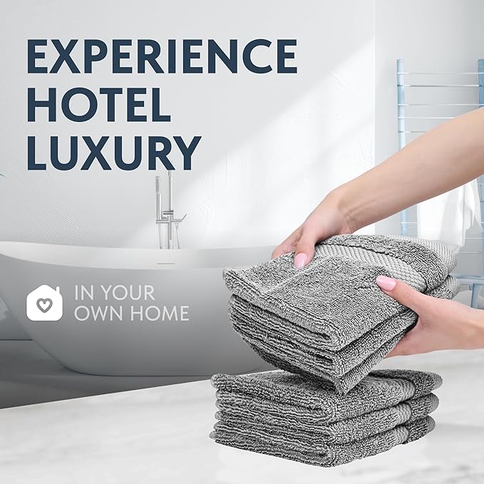 White Classic Light Grey Luxury Cotton Washcloths 12 Pc Set - Large 13x13 Inches Hotel Style Face Towel, High Absorbent Quick Dry Wash Cloths for Home, Spa, Gym, Light Grey, 12 Pack