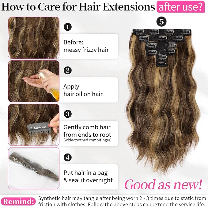 KooKaStyle Short Hair Extensions 6PCS 14 Inch Wavy Curly Hairpieces Synthetic Soft Lace Weft Clip in Hair Extensions-Balayage Chocolate Brown to Caramel Blonde for Women