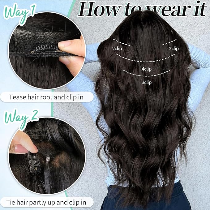 KooKaStyle Clip in Synthetic Hair Extensions Long Wavy 4PCS Thick Hairpieces Dark Brown 6# Fiber Double Weft Natural Hair Extensions 24 Inch for Women