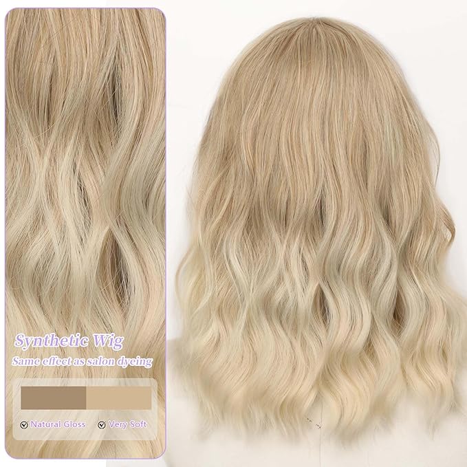 AISI HAIR 14 Inch Beach Gold Wigs for Women - Shoulder Length Wave Wig with Pre-Cut Lace Hairline, Middle Part Natural Wavy Bob Synthetic Heat Resistant Fiber for Daily and Party