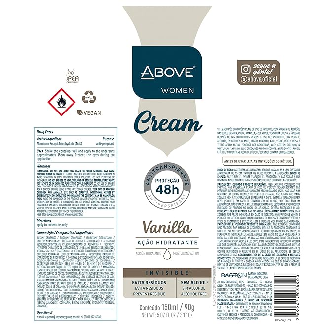 ABOVE 48 Hours Cream Antiperspirant Deodorant, Vanilla, 4 Pc - Dry Spray Deodorant for Women - Antiperspirant Spray - No Stain - Cruelty-Free