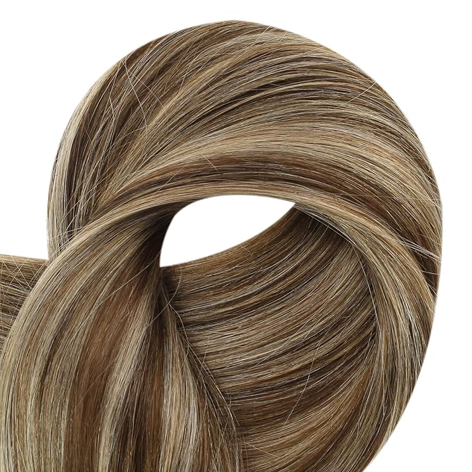 Full Shine Butterfly Weft Human Hair Extensions 18 Inch 100G Ovo Weft Hair Extensions Pu Hole Weft Remy Hair Color Medium Brown Highlight Honey Blonde Extensions Soft Silky Hair