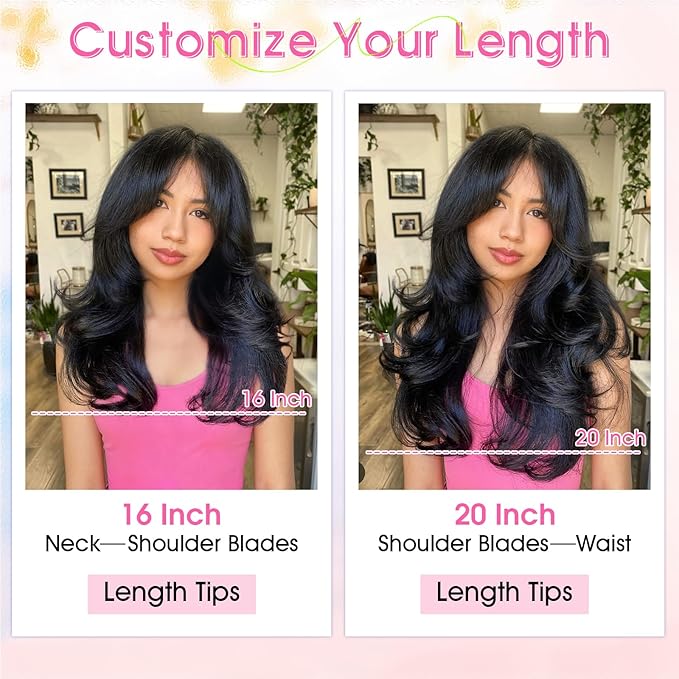 Invisible Wire Hair Extensions with Transparent Wire Adjustable Size 4 Secure Clips Long Wavy Secret Hairpiece 16 Inch for Women(Black)