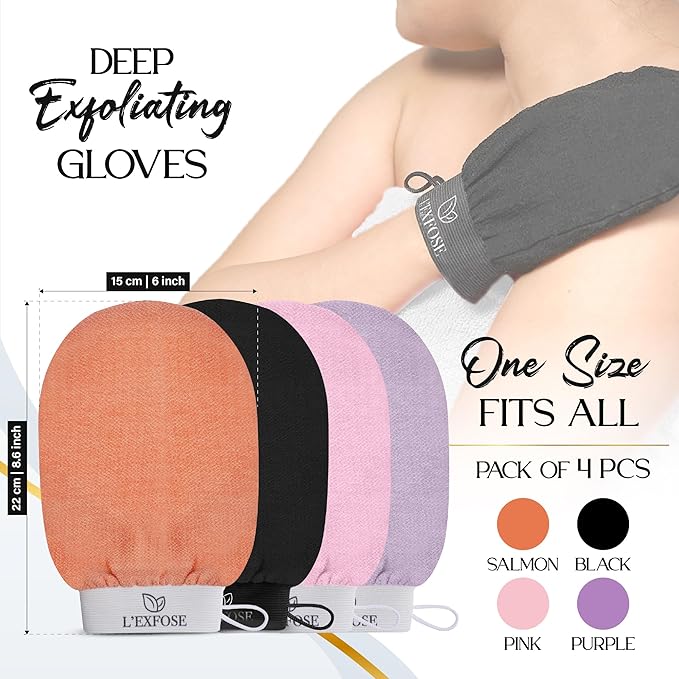 L'Exfose Kessa Hammam Deep Exfoliating Glove 4pc - Korean Exfoliating Mitt for Shower Ideal for Dead Skin Remover, Keratosis Pilaris & Self-Tanning to Improve Skin Tone Made with 100% Natural Viscose