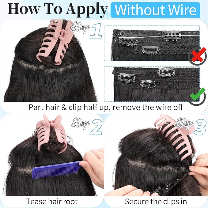 KooKaStyle Invisible Wire Hair Extensions 20‘’ Long Wavy Layered Synthetic Clip in Hair Extensions with Transparent Wire Adjustable Size 6 Secure Clips Dark Brown Thick Hairpieces for Women 20 Inch