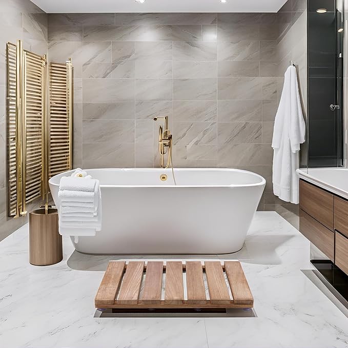 Natural Teak Wood Shower Bath Mat, 20.67 * 14.76 Inches, Non-Slip Rubber Feet, Premium Wooden Floor Mats for Spa, Sauna, Pool and Hot Tub, Flooring Decor and Protector, Indoor and Outdoor Use.