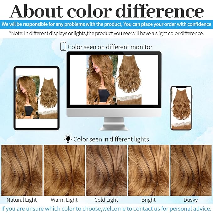 KooKaStyle Invisible Wire Hair Extensions Long Wavy Layered Synthetic Hair Extensions with Transparent Wire Adjustable Size 6 Secure Clips Strawberry Blonde Hairpieces for Women 20 Inch