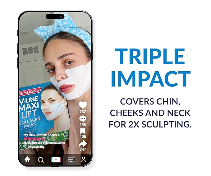 Stylia MaxiLift V-Line Lifting Collagen Face Mask - Advanced Double Chin Reducer - Jawline Shaper - Neck Firming and Tightening Mask with Hyaluronic Acid & Aloe Vera - Chin Strap for Sleeping (5PC)