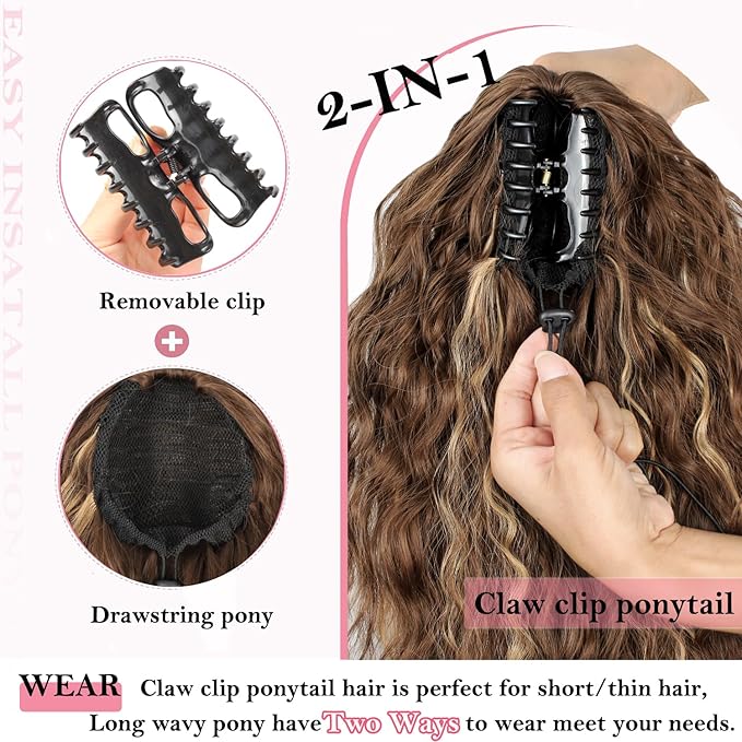 ENBEAUTIFUL 30" Claw Clip Ponytail Extension Long Wavy Ponytail Extension Synthetic Pony Tails Hair Extensions Clip in Hair pieces Fluffy Natural Looking for Women Light brown with Blonde